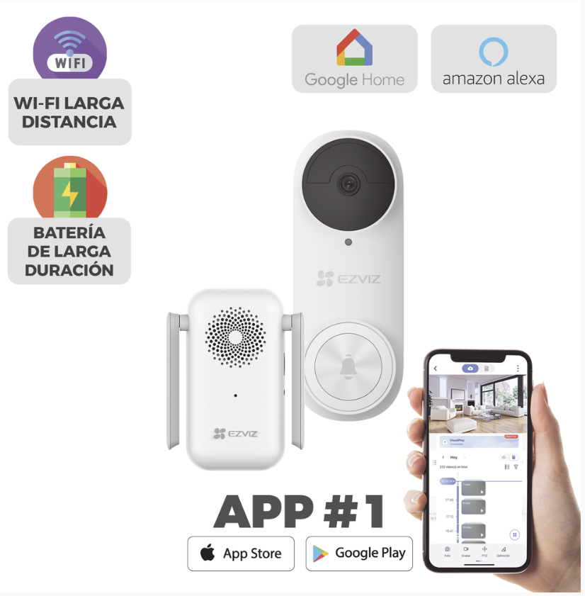 Timbre con Cámara Wi-Fi (Doorbell) de Batería Recargable / Libre de Cables / Uso Exterior Con Protección (IP65) / Cámara 3 Megapíxel / Llamada a la App / Incluye Timbre Para Interior Con Timbres Seleccionables / Ranura